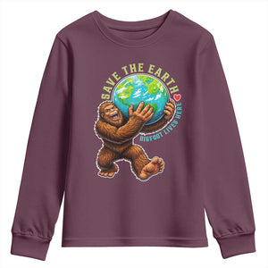 Earth Day Youth Sweatshirt Save The Earth Bigfoot Lives Here TS12 Maroon Print Your Wear