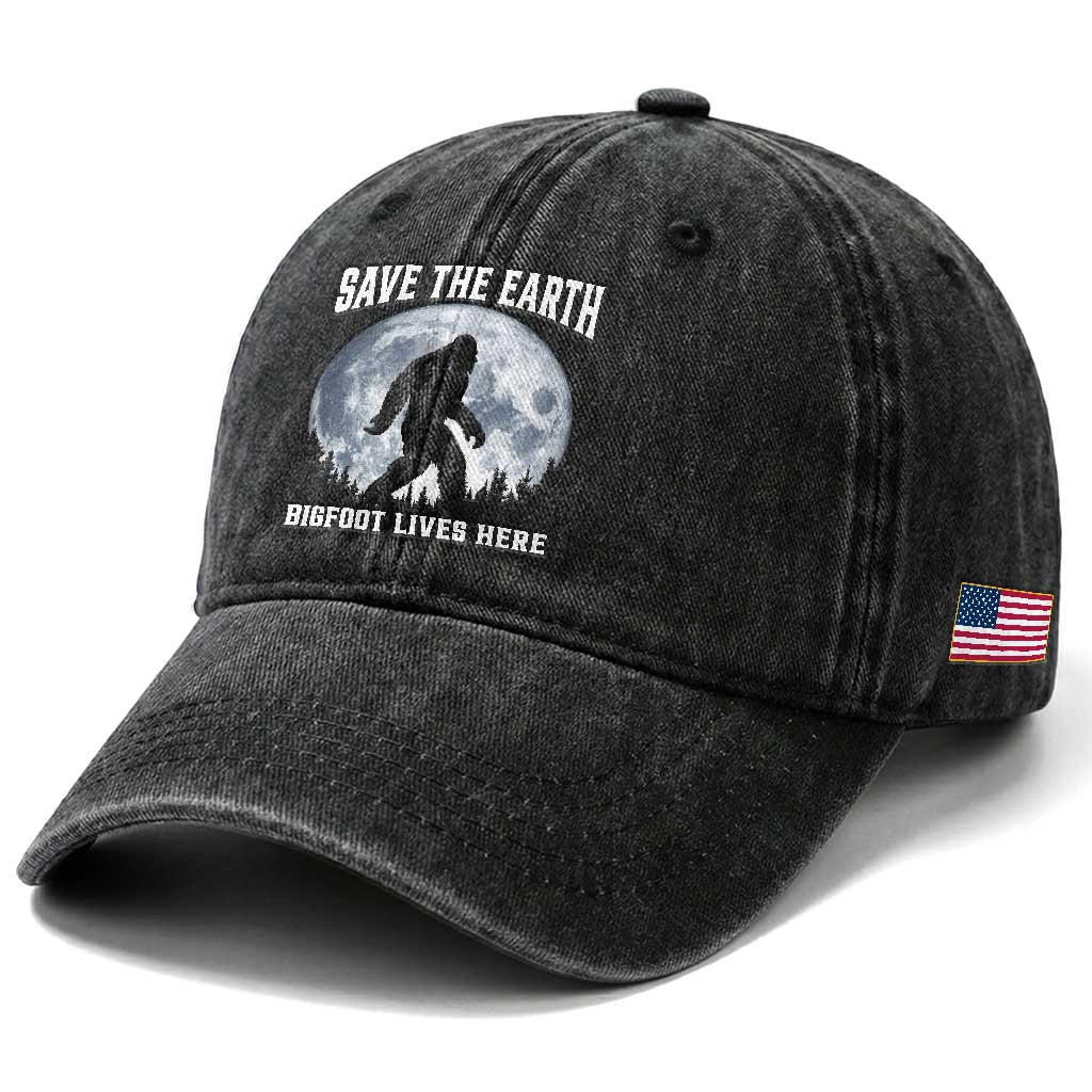 Save The Earth Bigfoot Lives Here Washed Cotton Baseball Cap Earth Day Nature Lover TS12 Print Your Wear