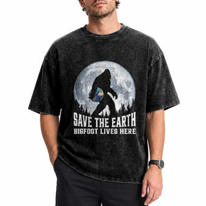 Save Our Planet Nature Lover Washed Cotton T-Shirt Bigfoot Lives Here