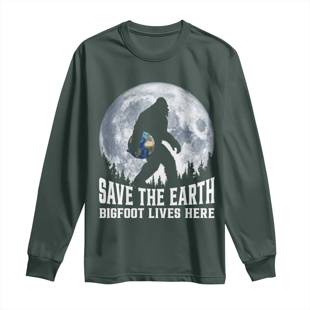Save Our Planet Nature Lover Long Sleeve Shirt Bigfoot Lives Here TS12 Dark Forest Green Print Your Wear