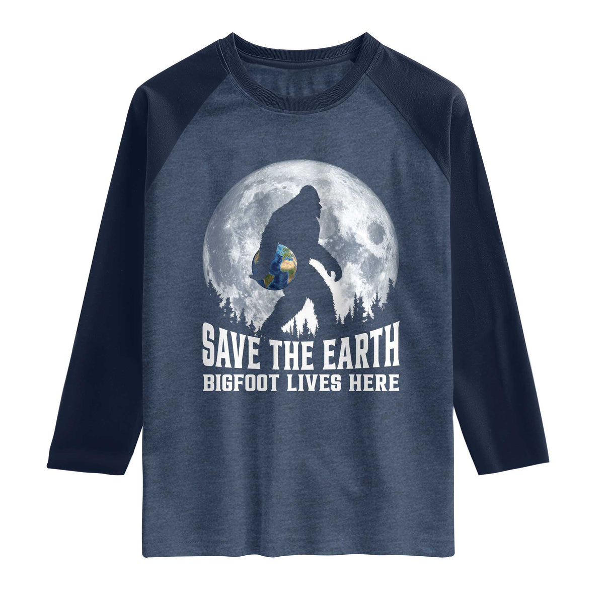 Save Our Planet Nature Lover Raglan Shirt Bigfoot Lives Here TS12 Heather Denim Navy Print Your Wear