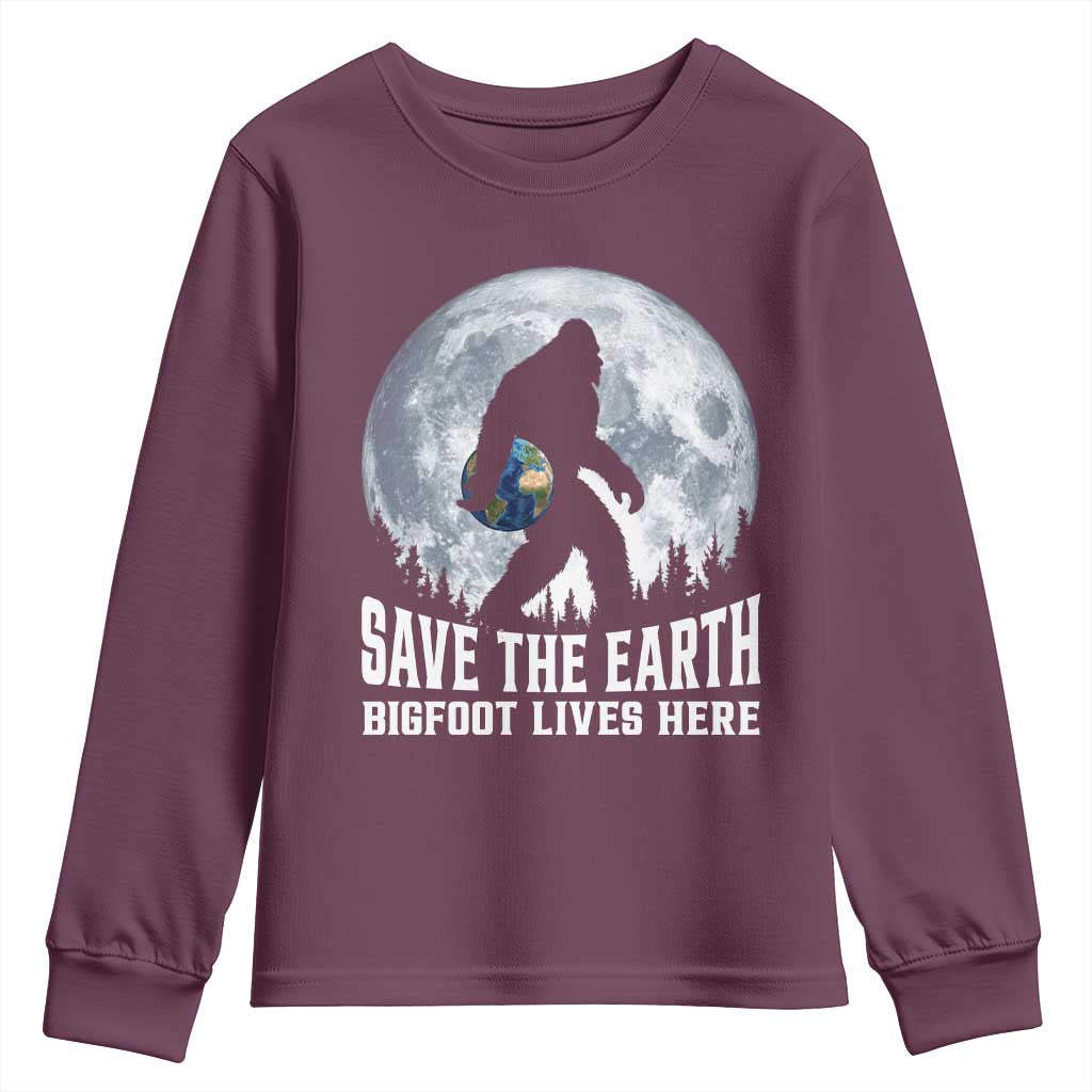 Save Our Planet Nature Lover Youth Sweatshirt Bigfoot Lives Here TS12 Maroon Print Your Wear
