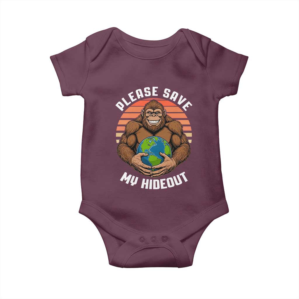 Funny Earth Day Bigfoot Baby Onesie Please Save My Hideout TS12 Maroon Print Your Wear