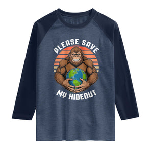 Funny Earth Day Bigfoot Raglan Shirt Please Save My Hideout TS12 Heather Denim Navy Print Your Wear