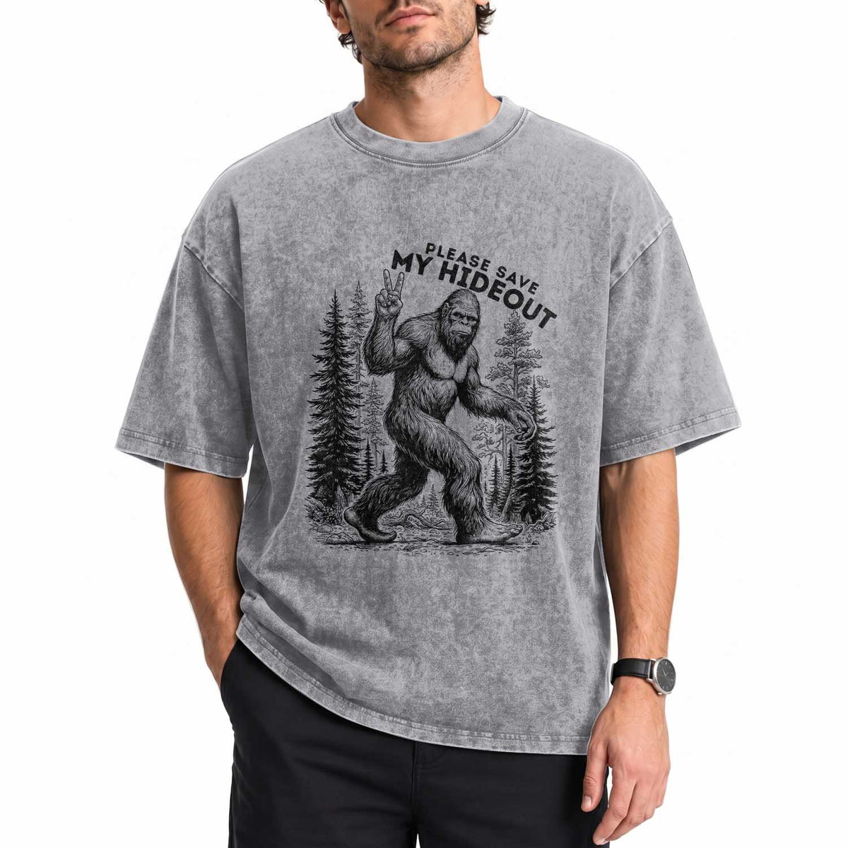 Please Save My Hideout Washed Cotton T-Shirt Bigfoot Forest Protector