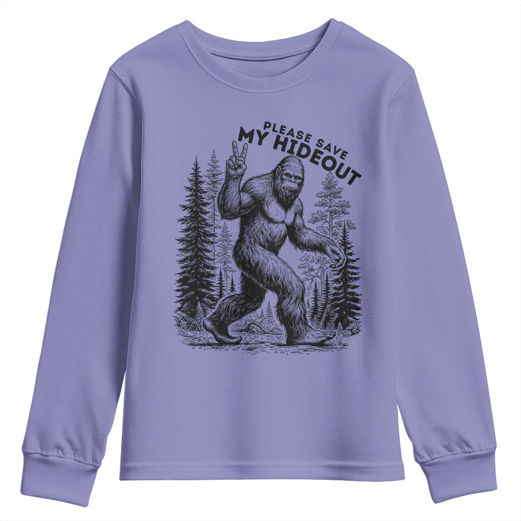 Please Save My Hideout Youth Sweatshirt Bigfoot Forest Protector TS12 Violet Print Your Wear
