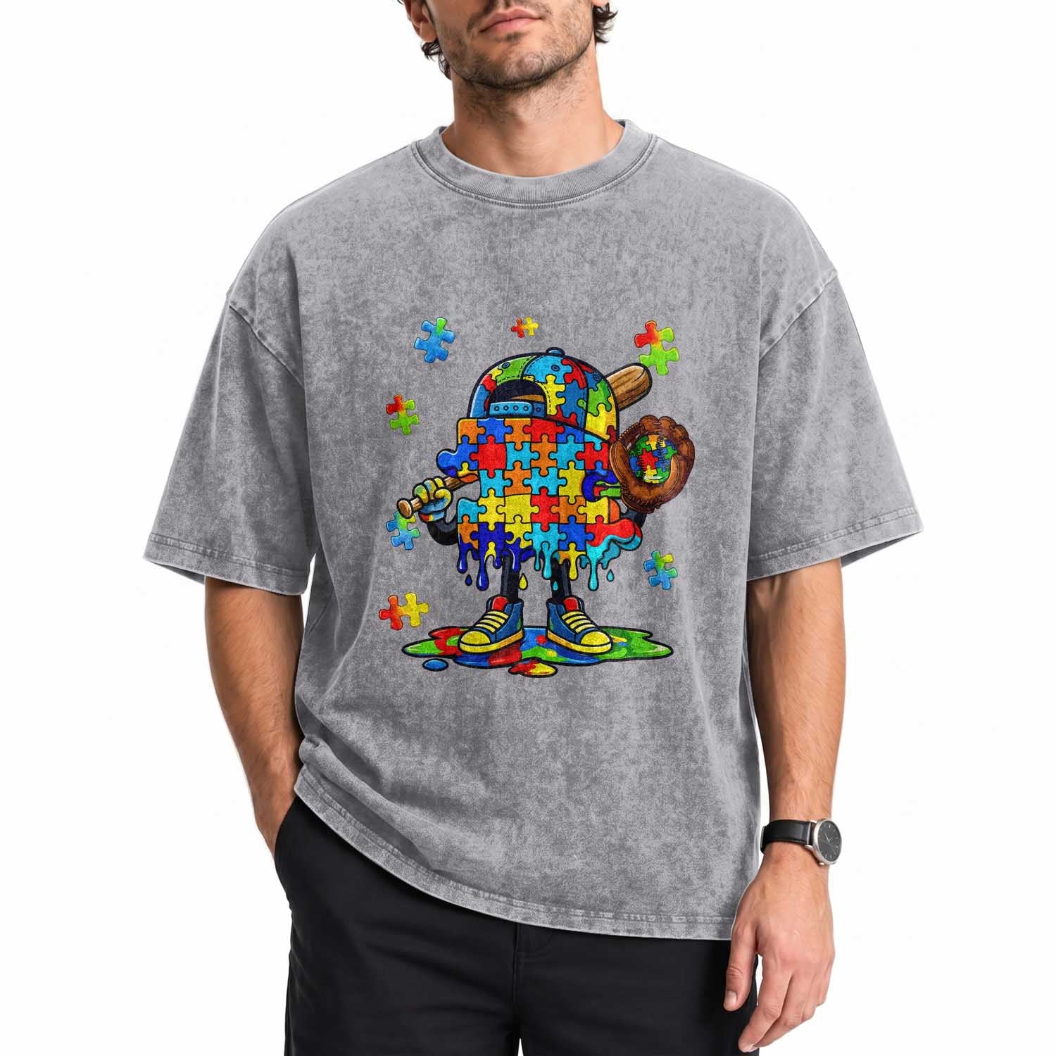 Autism Acceptance Baseball Washed Cotton T-Shirt Colorful Drip Graphic Neurodiversity Support