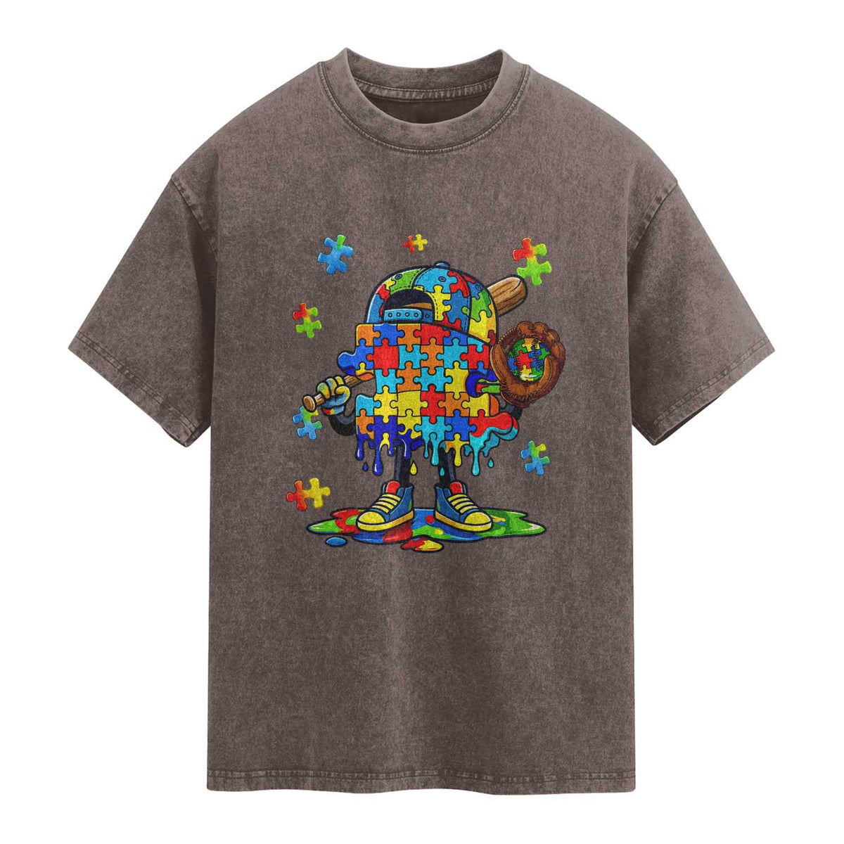 Autism Acceptance Baseball Washed Cotton T-Shirt Colorful Drip Graphic Neurodiversity Support