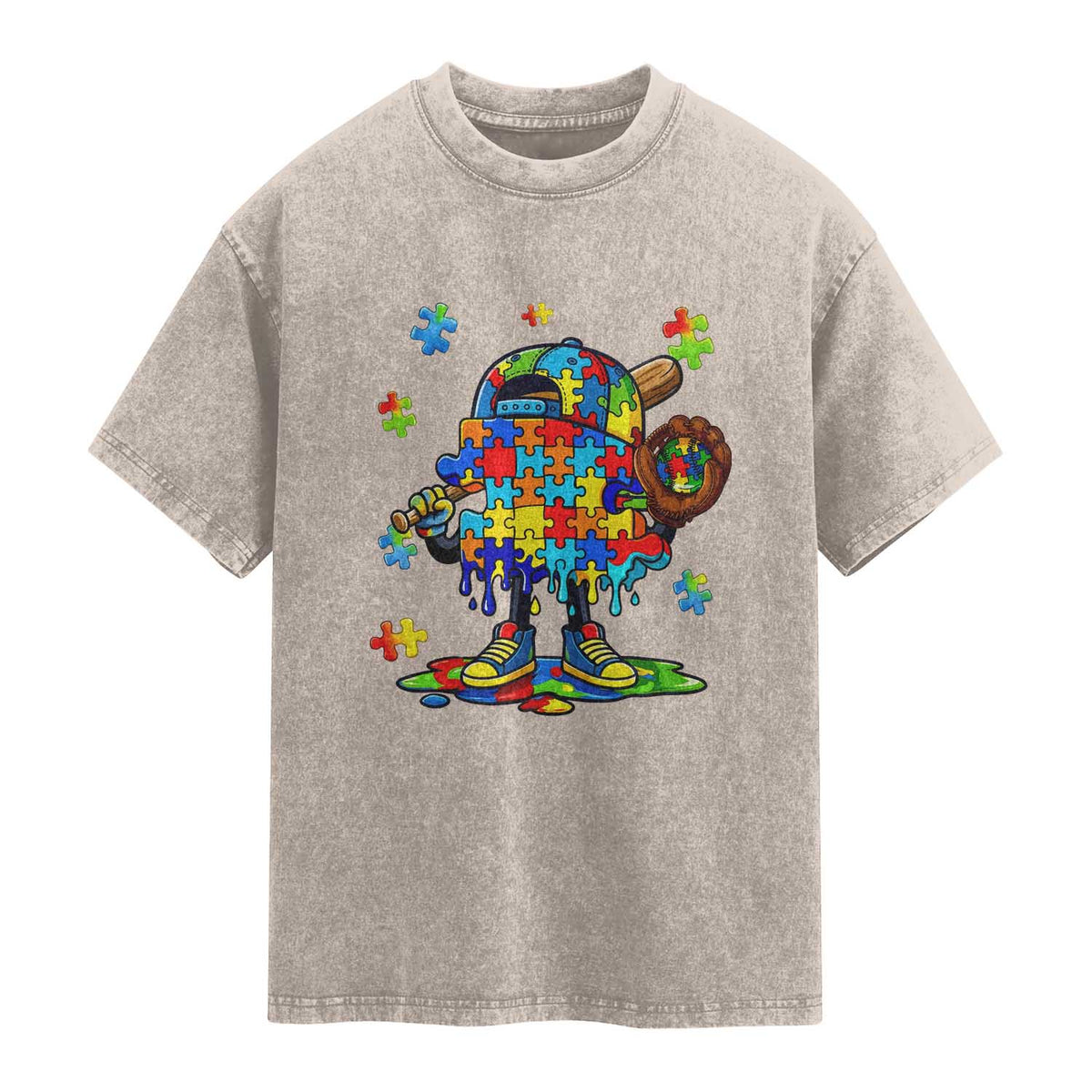 Autism Acceptance Baseball Washed Cotton T-Shirt Colorful Drip Graphic Neurodiversity Support