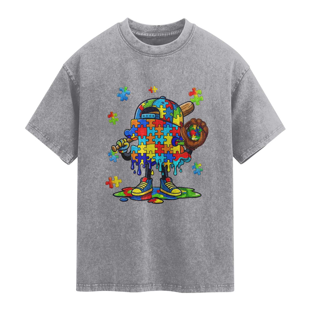 Autism Acceptance Baseball Washed Cotton T-Shirt Colorful Drip Graphic Neurodiversity Support