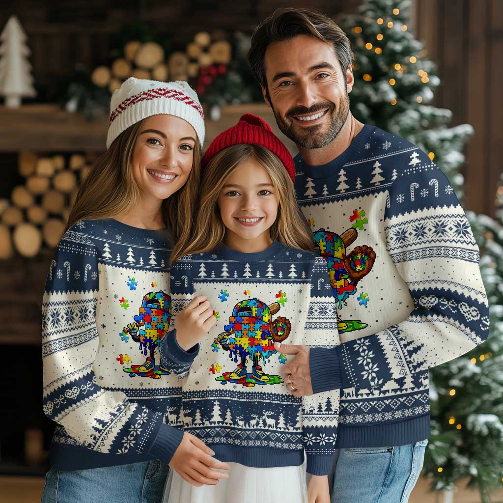 Autism Acceptance Baseball Ugly Christmas Sweater Colorful Drip Graphic Neurodiversity Support TS12 Beige Navy Print Your Wear