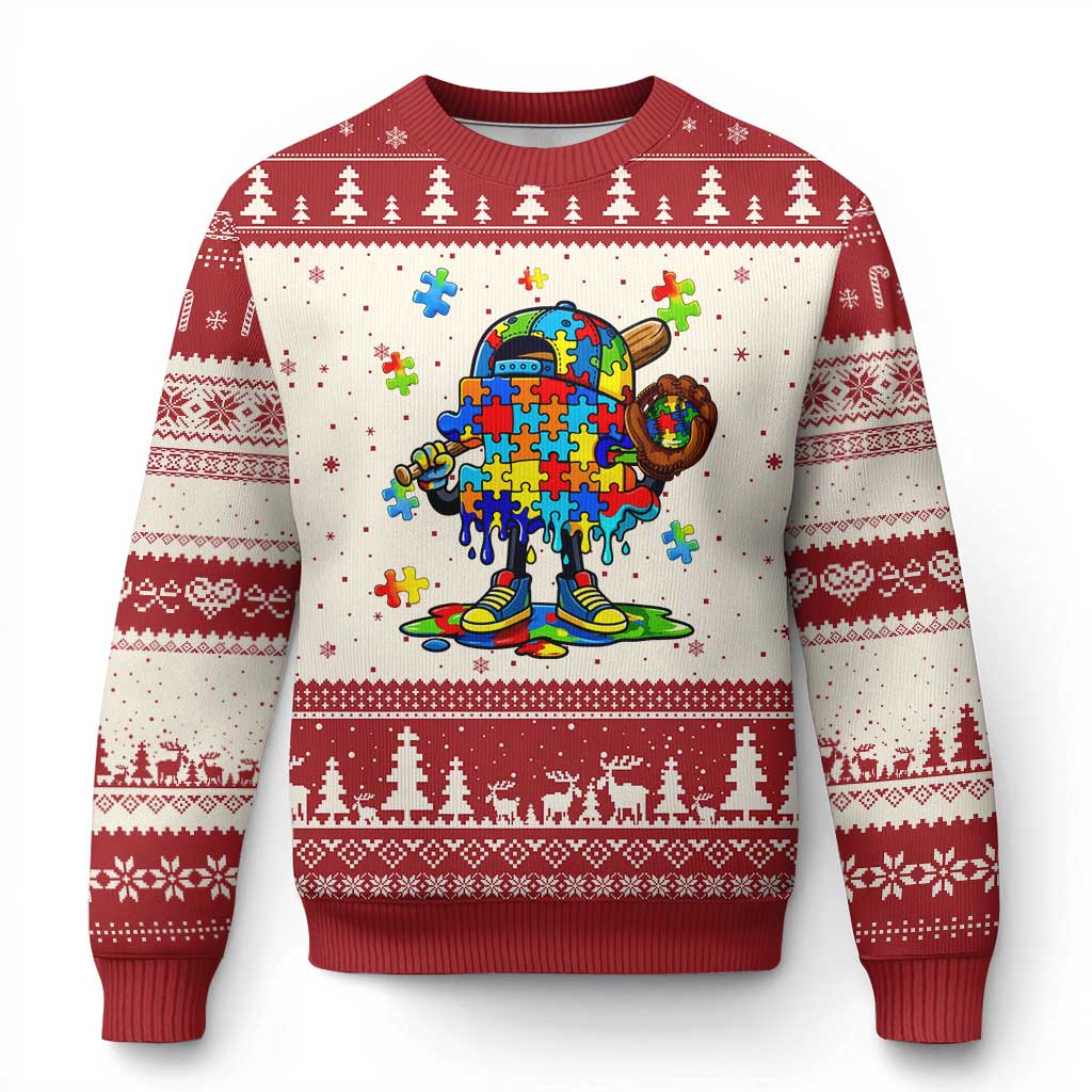 Autism Acceptance Baseball Ugly Christmas Sweater Colorful Drip Graphic Neurodiversity Support TS12 Beige Red Print Your Wear