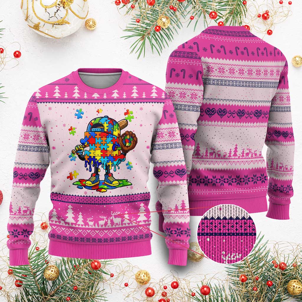 Autism Acceptance Baseball Ugly Christmas Sweater Colorful Drip Graphic Neurodiversity Support TS12 Hot Pink Print Your Wear