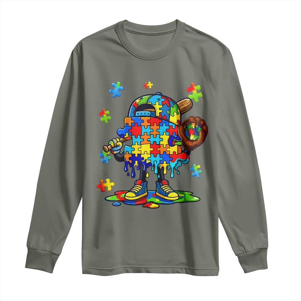 Autism Acceptance Baseball Long Sleeve Shirt Colorful Drip Graphic Neurodiversity Support TS12 Military Green Print Your Wear