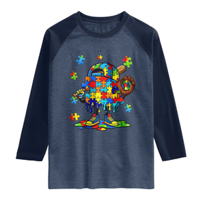 Autism Acceptance Baseball Raglan Shirt Colorful Drip Graphic Neurodiversity Support TS12 Heather Denim Navy Print Your Wear