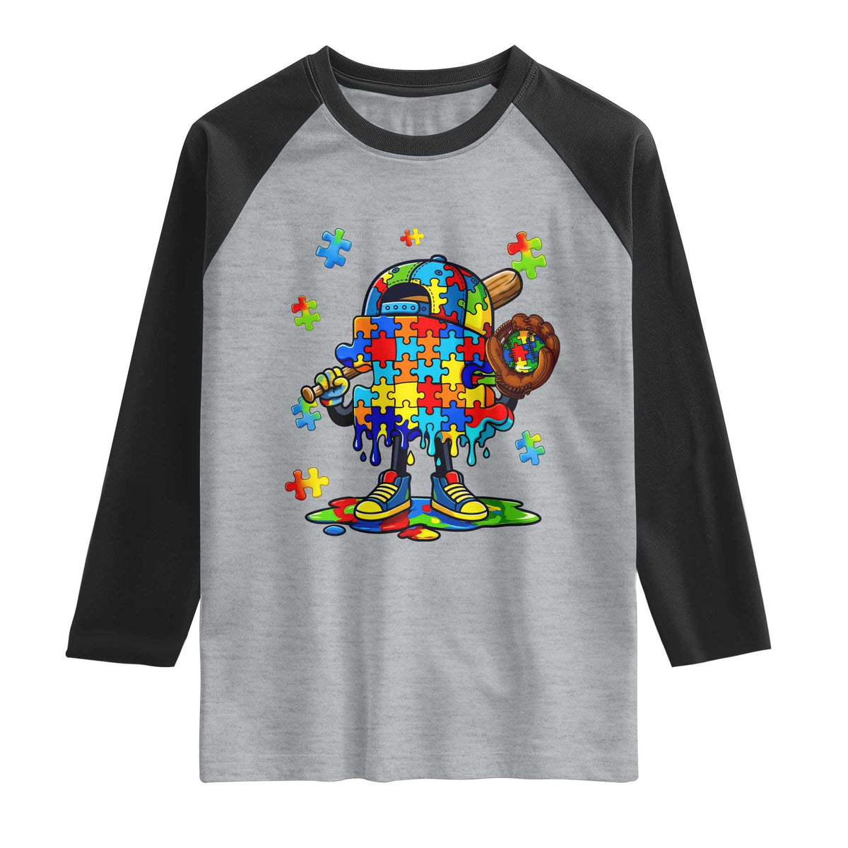 Autism Acceptance Baseball Raglan Shirt Colorful Drip Graphic Neurodiversity Support TS12 Heather Gray Black Print Your Wear