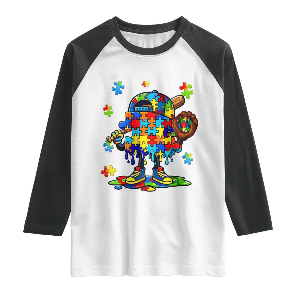 Autism Acceptance Baseball Raglan Shirt Colorful Drip Graphic Neurodiversity Support TS12 White Black Print Your Wear