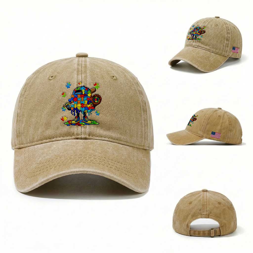 Autism Acceptance Baseball Washed Cotton Baseball Cap Colorful Drip Graphic Neurodiversity Support TS12 Washed Cap Universal Fit Khaki Print Your Wear