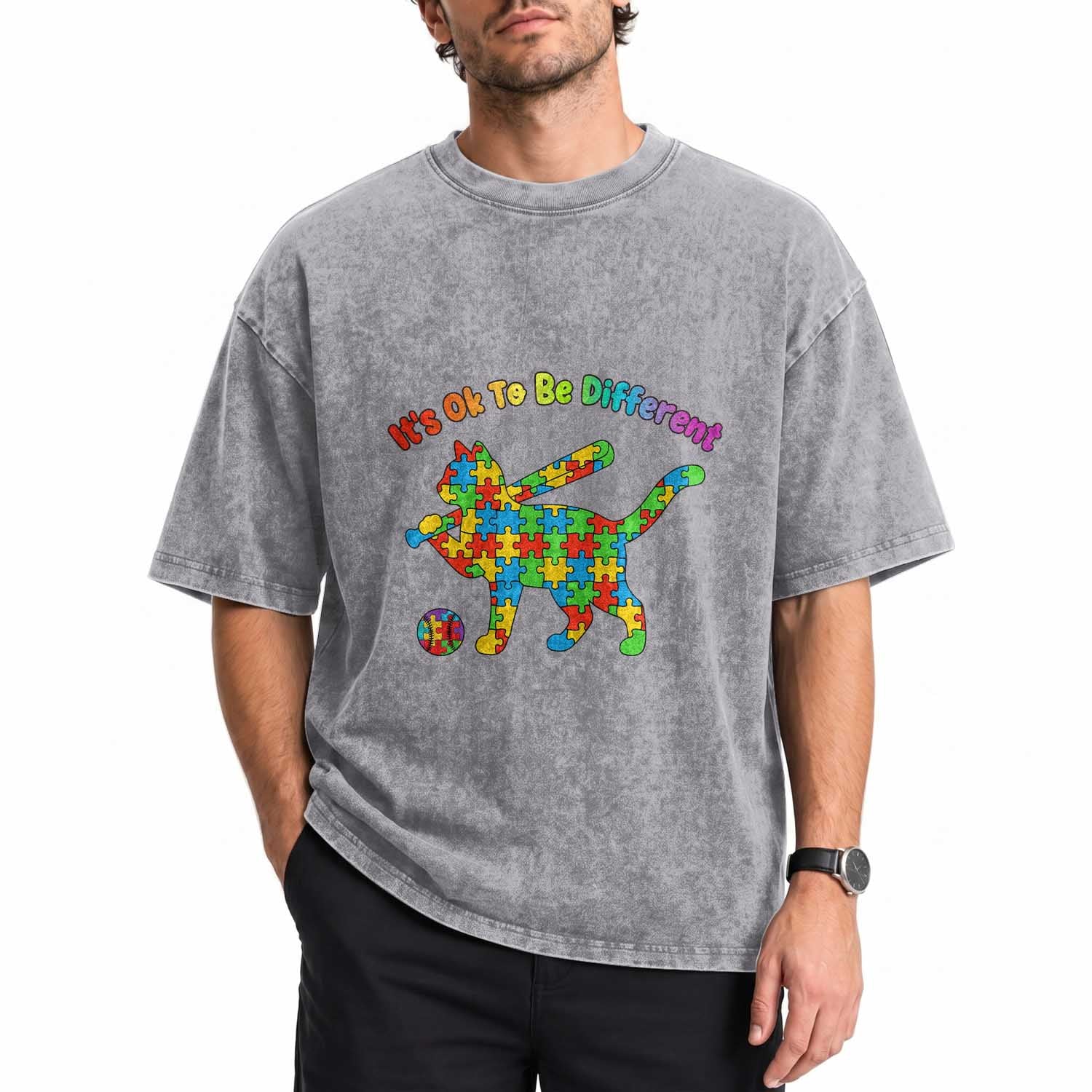 Autism Acceptance Baseball Cat Washed Cotton T-Shirt It Is Ok To Be Different