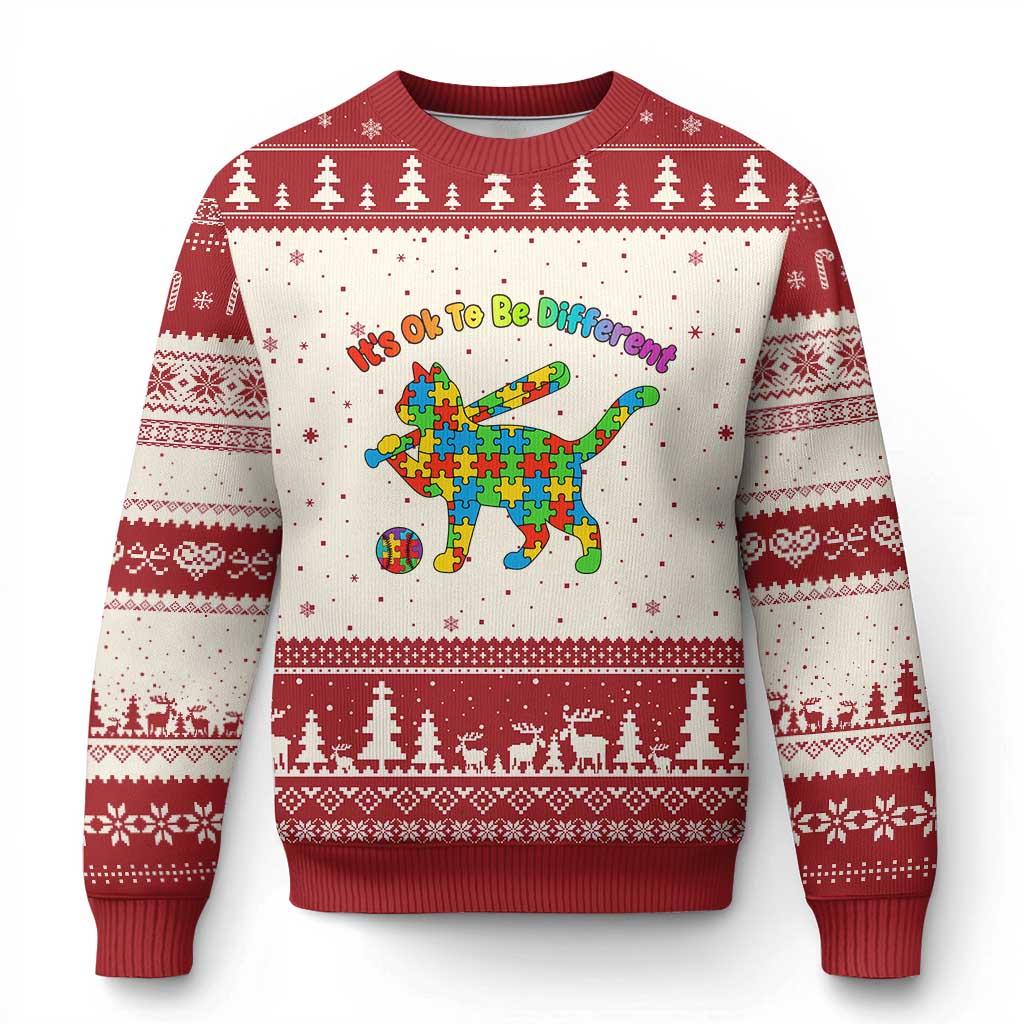 Autism Acceptance Baseball Cat Ugly Christmas Sweater It Is Ok To Be Different TS12 Beige Red Print Your Wear