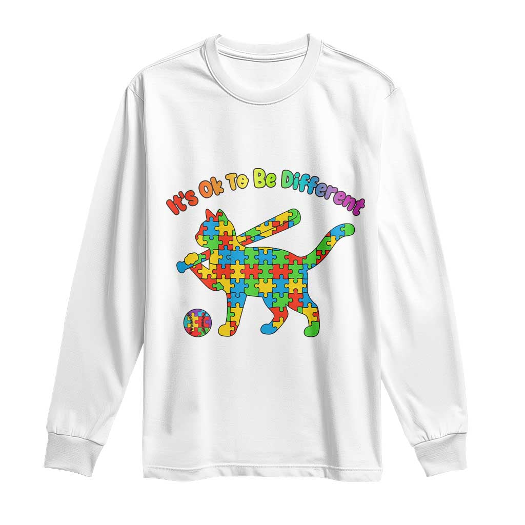 Autism Acceptance Baseball Cat Long Sleeve Shirt It Is Ok To Be Different TS12 White Print Your Wear