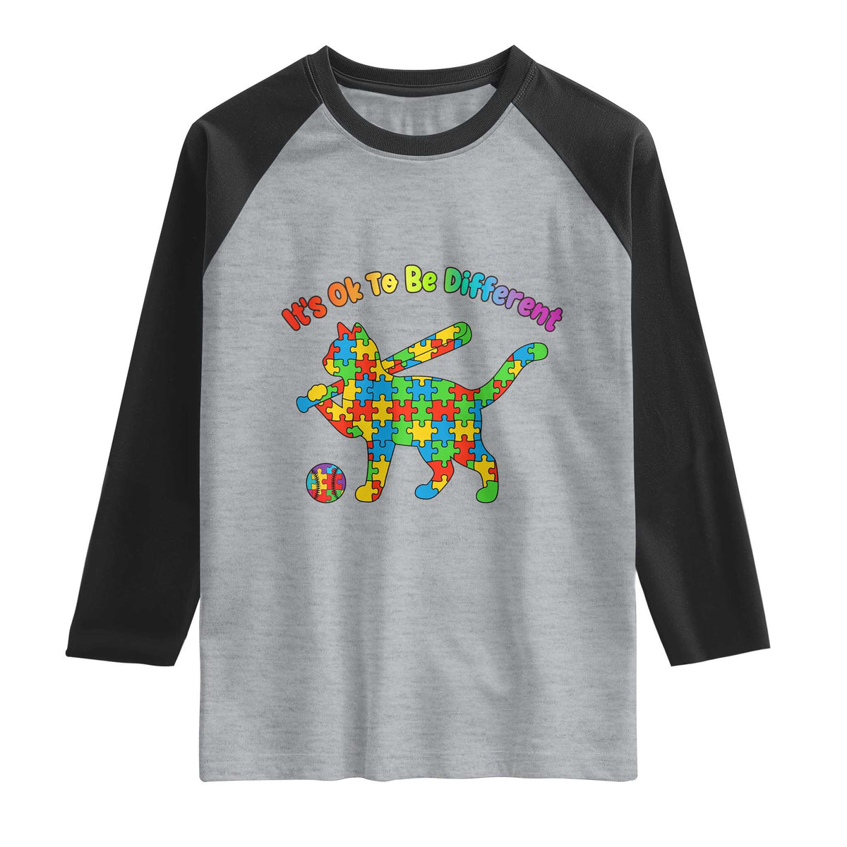 Autism Acceptance Baseball Cat Raglan Shirt It Is Ok To Be Different TS12 Heather Gray Black Print Your Wear