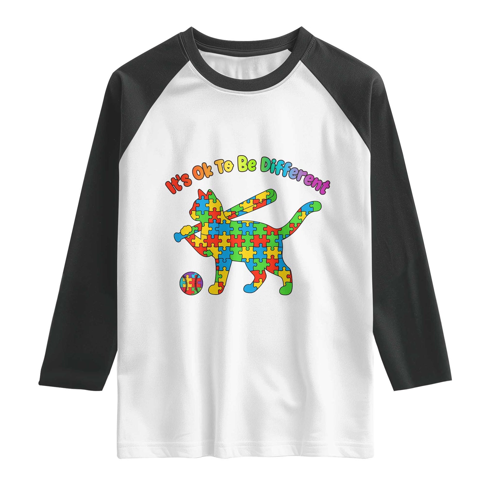 Autism Acceptance Baseball Cat Raglan Shirt It Is Ok To Be Different TS12 White Black Print Your Wear