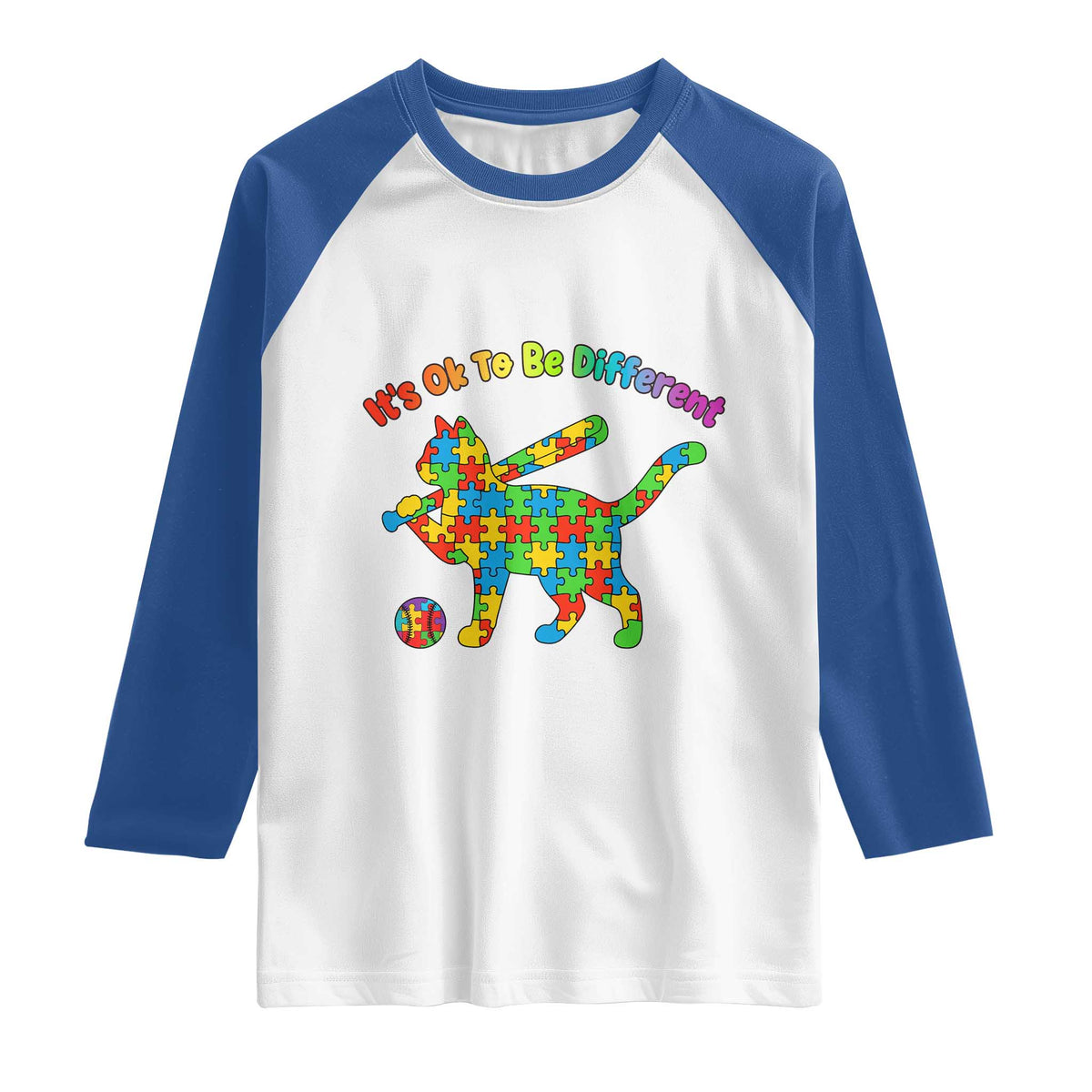 Autism Acceptance Baseball Cat Raglan Shirt It Is Ok To Be Different TS12 White Royal Print Your Wear