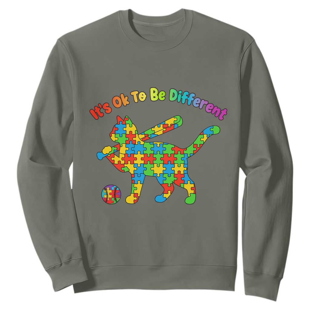 Autism Acceptance Baseball Cat Sweatshirt It Is Ok To Be Different TS12 Military Green Print Your Wear