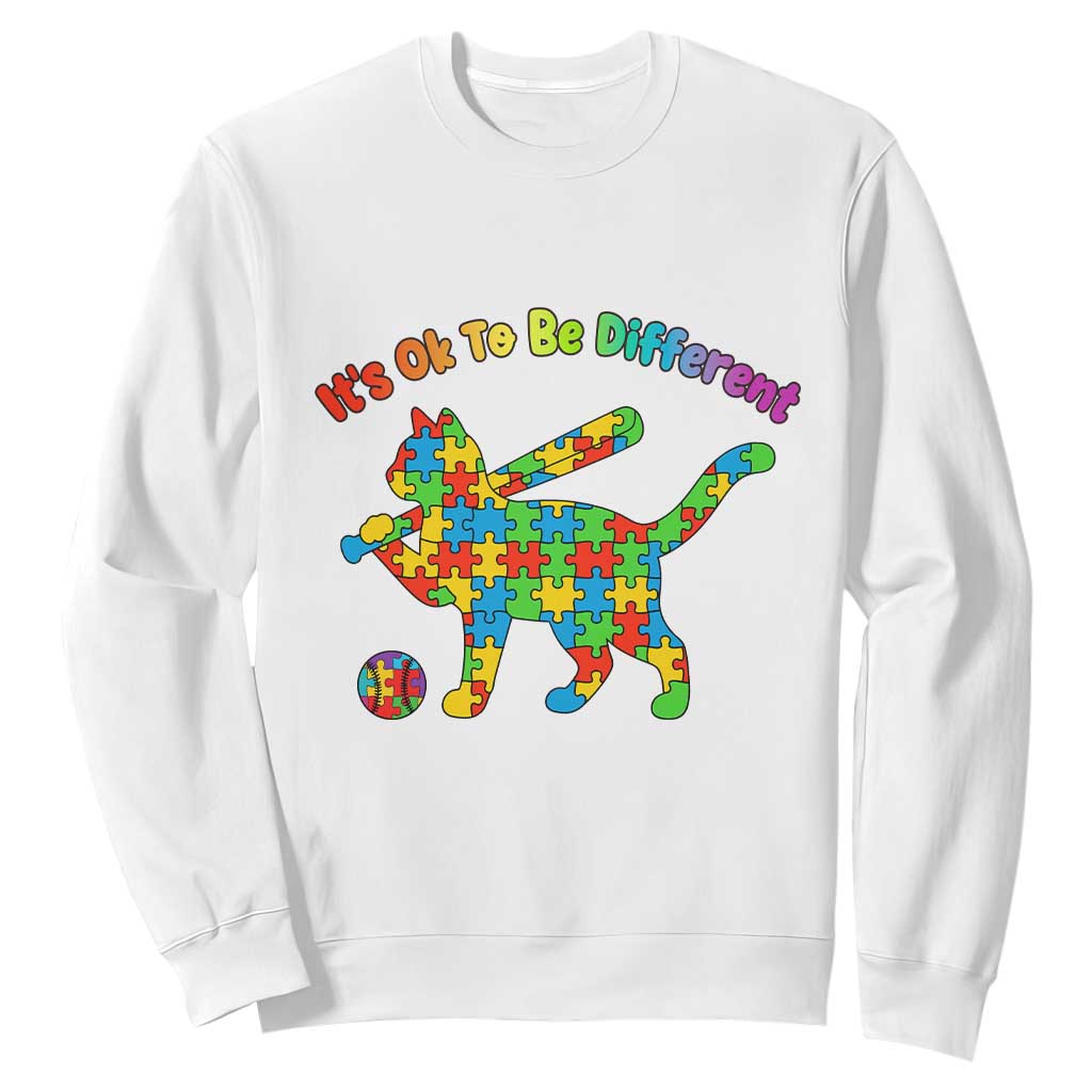 Autism Acceptance Baseball Cat Sweatshirt It Is Ok To Be Different TS12 White Print Your Wear
