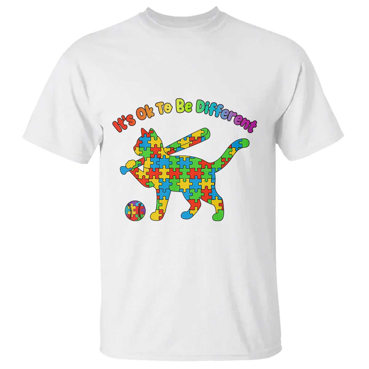 Autism Acceptance Baseball Cat T Shirt It Is Ok To Be Different TS12 White Print Your Wear