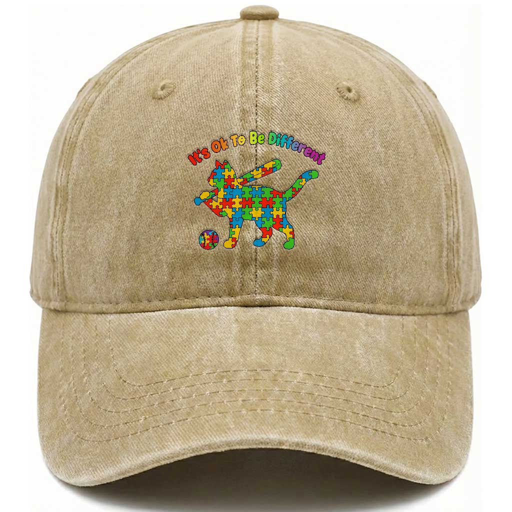 Autism Acceptance Baseball Cat Washed Cotton Baseball Cap It Is Ok To Be Different TS12 Print Your Wear
