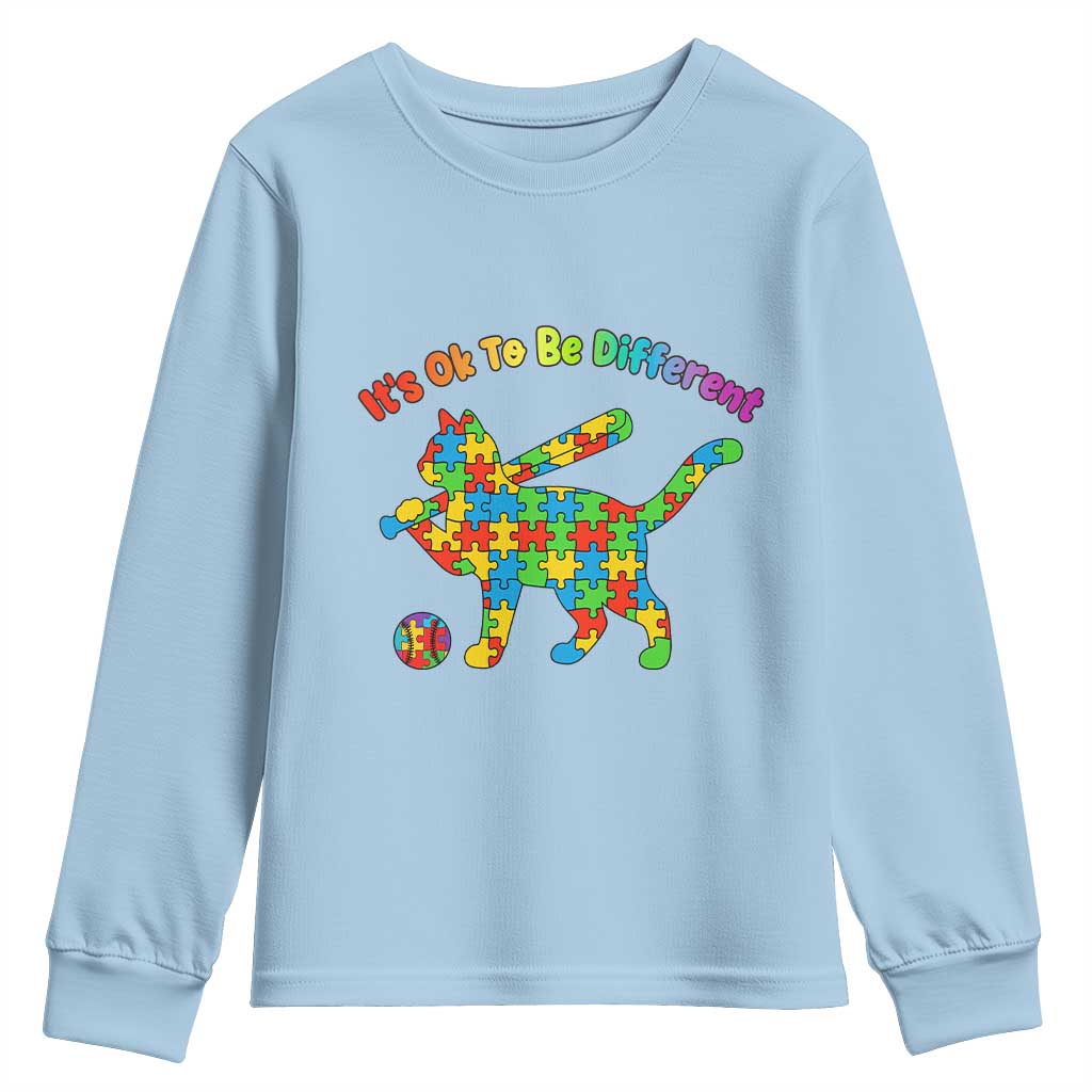 Autism Acceptance Baseball Cat Youth Sweatshirt It Is Ok To Be Different TS12 Light Blue Print Your Wear