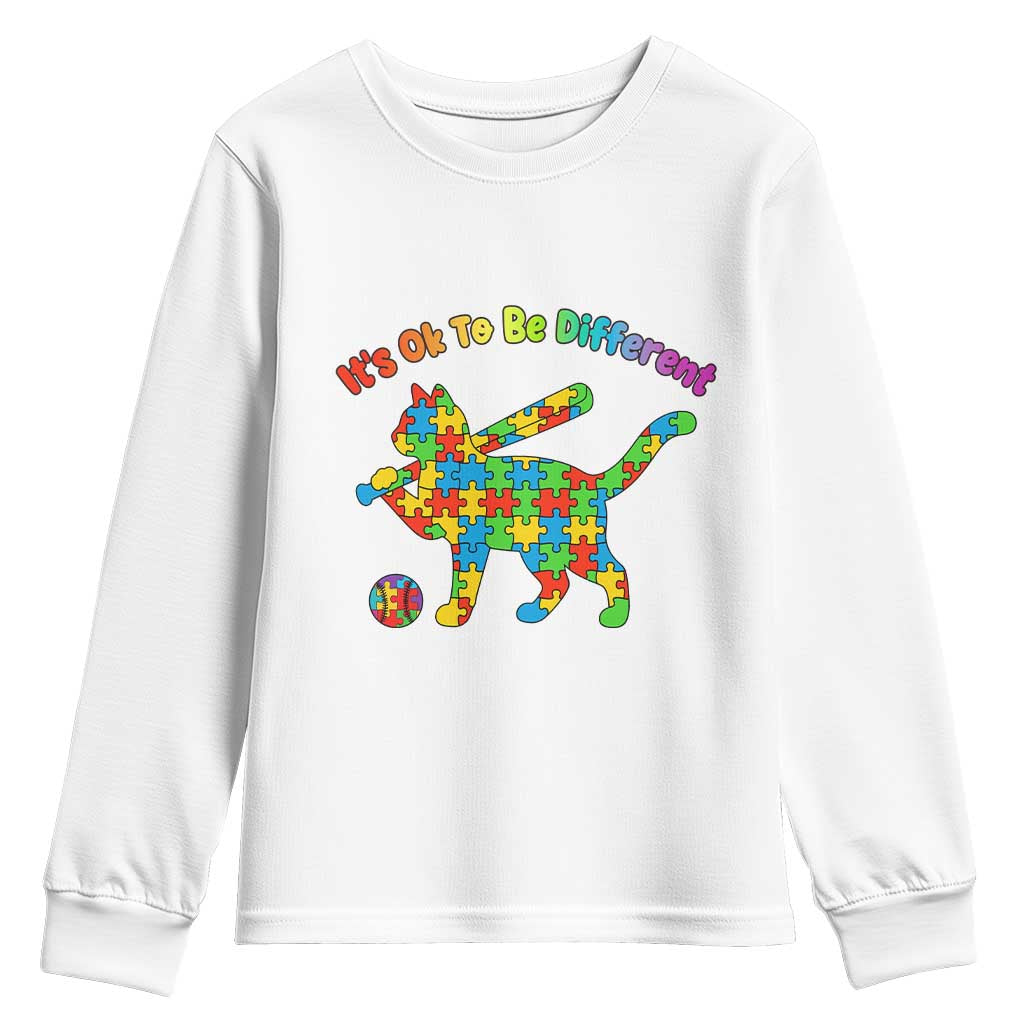 Autism Acceptance Baseball Cat Youth Sweatshirt It Is Ok To Be Different TS12 White Print Your Wear