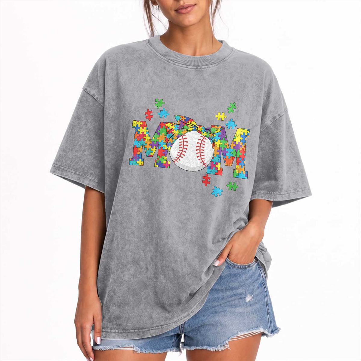 Autism Acceptance Baseball Mom Washed Cotton T-Shirt Proud Mom Inclusive Support Graphic
