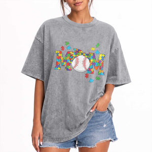 Autism Acceptance Baseball Mom Washed Cotton T-Shirt Proud Mom Inclusive Support Graphic