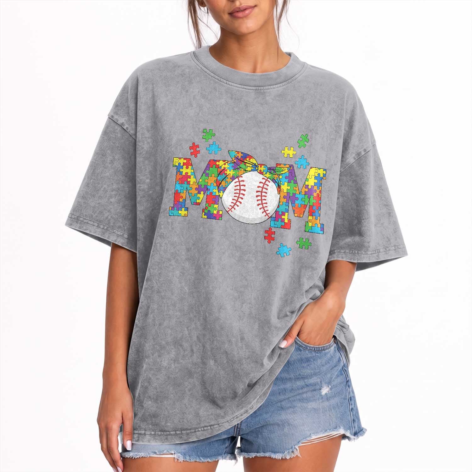 Autism Acceptance Baseball Mom Washed Cotton T-Shirt Proud Mom Inclusive Support Graphic
