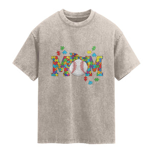 Autism Acceptance Baseball Mom Washed Cotton T-Shirt Proud Mom Inclusive Support Graphic