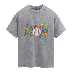 Autism Acceptance Baseball Mom Washed Cotton T-Shirt Proud Mom Inclusive Support Graphic