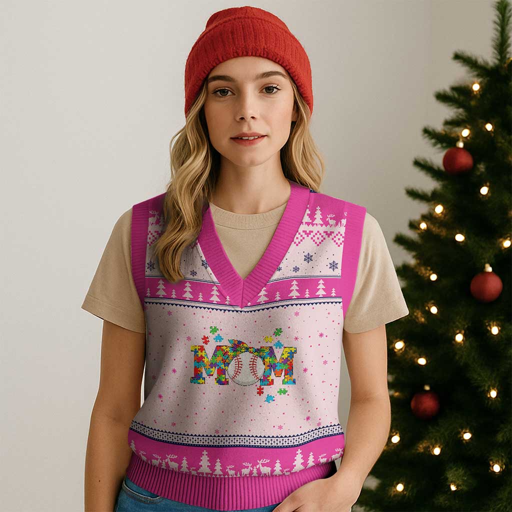Autism Acceptance Baseball Mom V-Neck Knit Sweater Vest Proud Mom Inclusive Support Graphic TS12 Hot Pink Print Your Wear