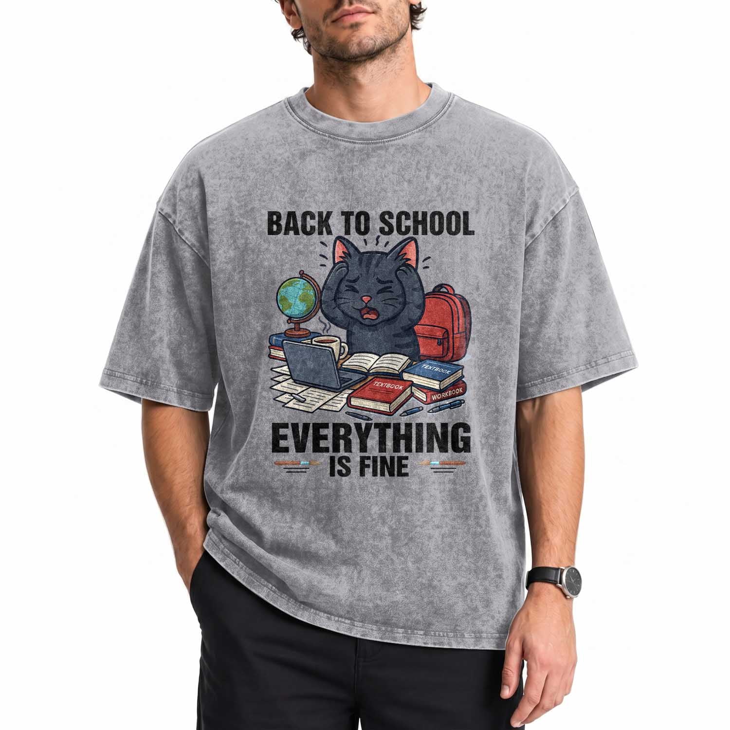 Funny Black Cat Washed Cotton T-Shirt Back To School Everything Is Fine