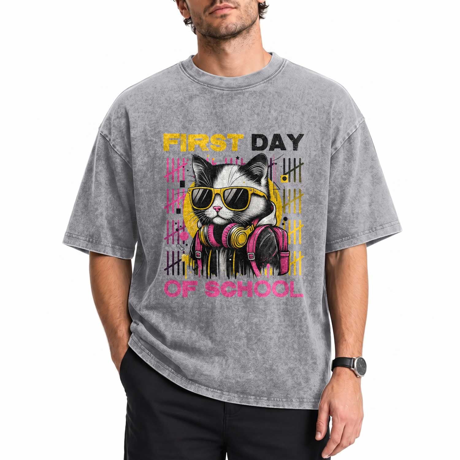 Funny Cat First Day Of School Washed Cotton T-Shirt Back To School Gift For Kids
