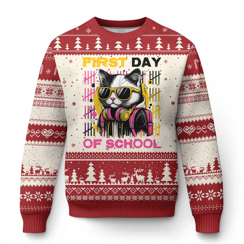 Funny Cat First Day Of School Ugly Christmas Sweater Back To School Gift For Kids TS12 Beige Red Print Your Wear