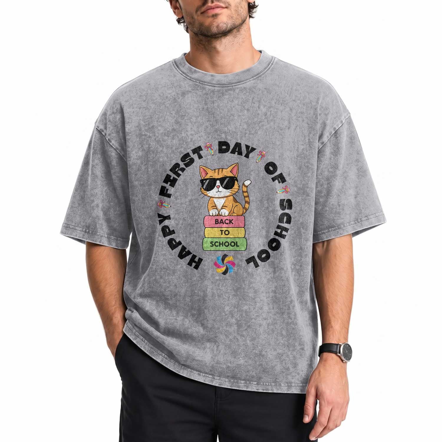 Cat Happy First Day Of School Washed Cotton T-Shirt Back To School Gift For Kids
