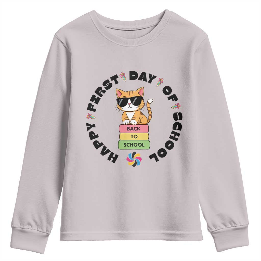Cat Happy First Day Of School Youth Sweatshirt Back To School Gift For Kids TS12 Ice Gray Print Your Wear