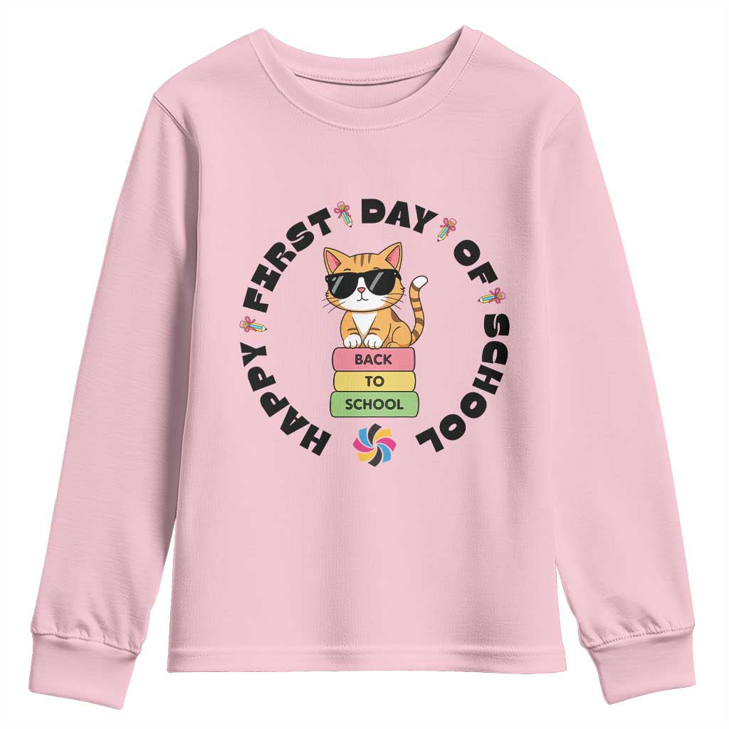 Cat Happy First Day Of School Youth Sweatshirt Back To School Gift For Kids TS12 Light Pink Print Your Wear