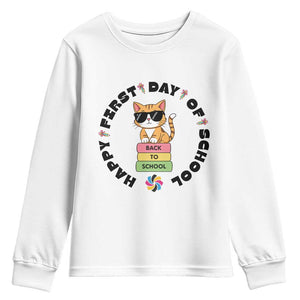 Cat Happy First Day Of School Youth Sweatshirt Back To School Gift For Kids TS12 White Print Your Wear