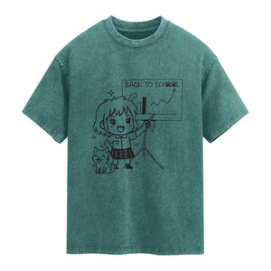 Back To school Washed Cotton T-Shirt Funny Teacher Teaching Cat Lover Gift