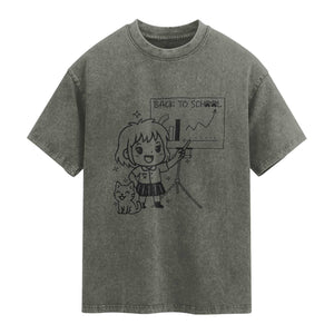Back To school Washed Cotton T-Shirt Funny Teacher Teaching Cat Lover Gift