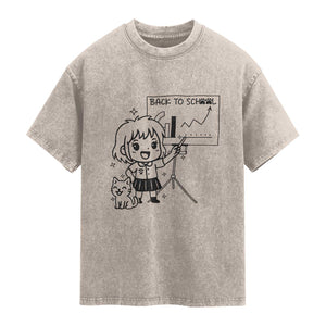 Back To school Washed Cotton T-Shirt Funny Teacher Teaching Cat Lover Gift